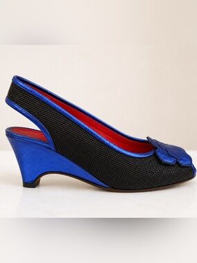 Black Slingback Peep-Toe Mules with Blue Metallic Flower Leather